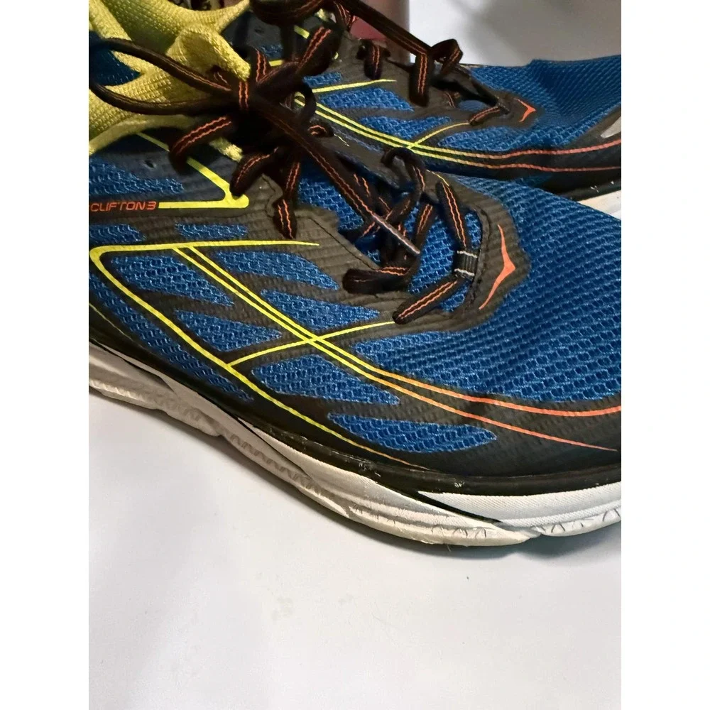 Hoka One One Clifton 3 Mens 10.5 Blue‎ Red Orange Running Shoes 1012046 BRON